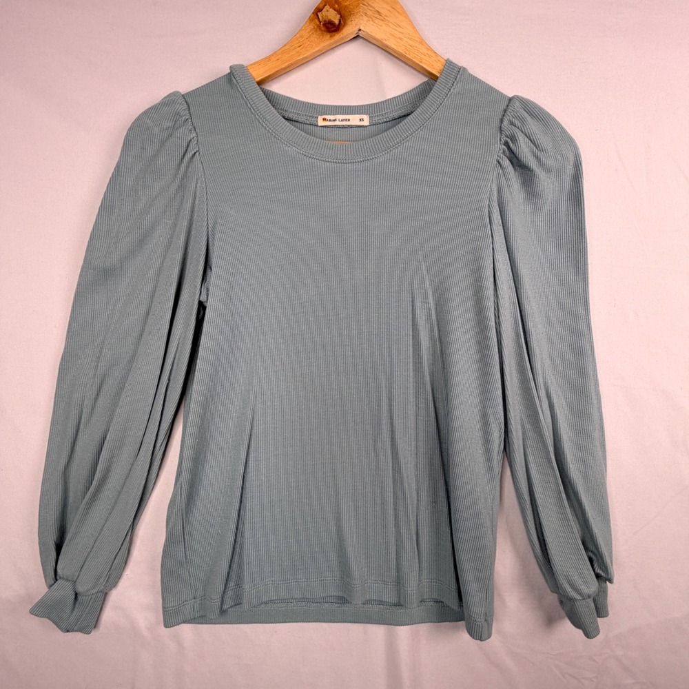 Marine Layer Ribbed Puff Sleeve Top XS Blue Long Sleeve Crew Neck